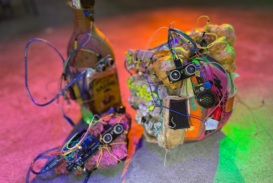 An artwork that features discarded electronic components resembling a robotic creature, part of an exhibition at Science Gallery.