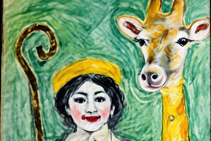 A simplistic drawing of a woman with a crook and a giraffe. 