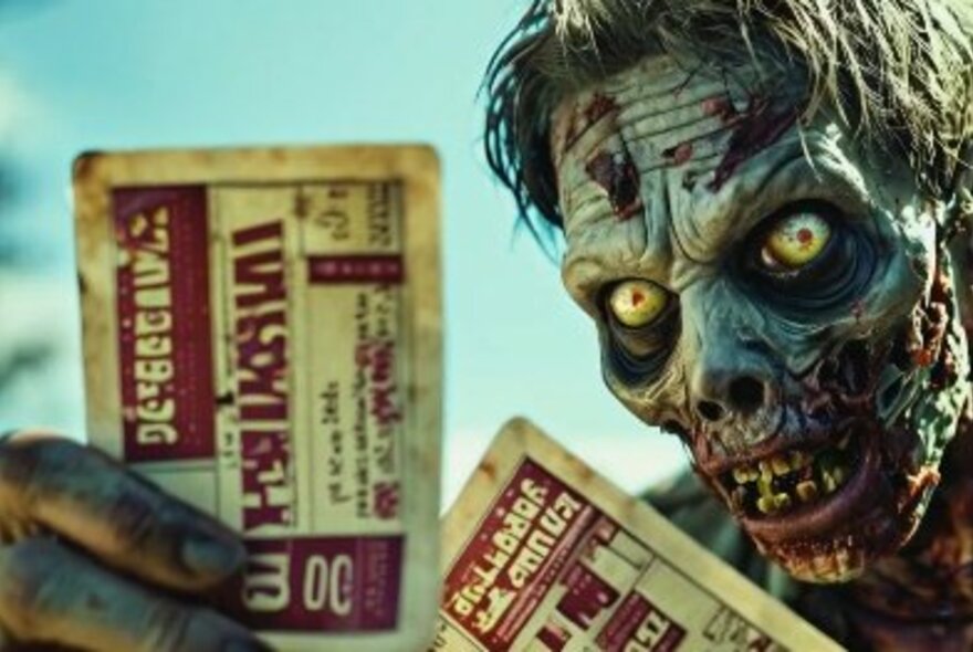 A decomposing zombie face holding up bits of printed papers.