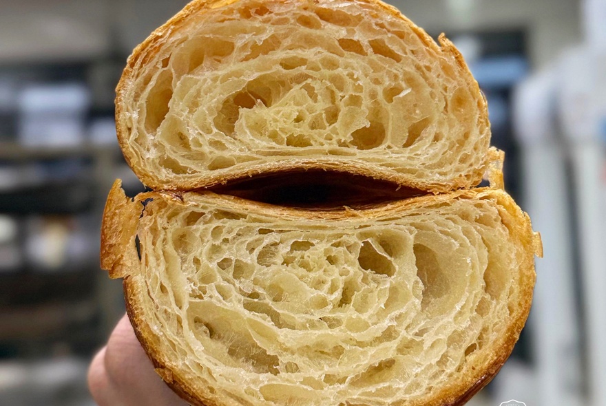 Cross section of a flaky and buttery croissant.