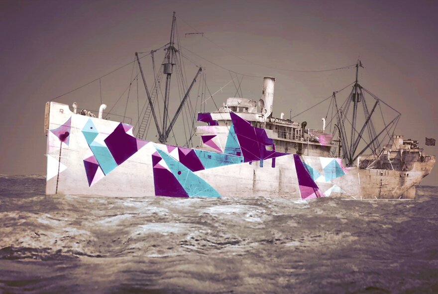 A black and white image of a WWII warship in the sea, partly coloured in geometric shapes of blue and purple.