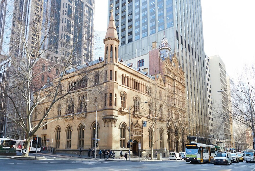 Ornate architecture of the ANZ Bank Gothic-Revival building on the corner of Collins and Queen streets.