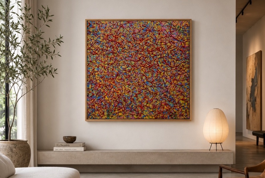 A colourful abstract painting hung on a wall above a concrete bench and next to an indoor olive tree.