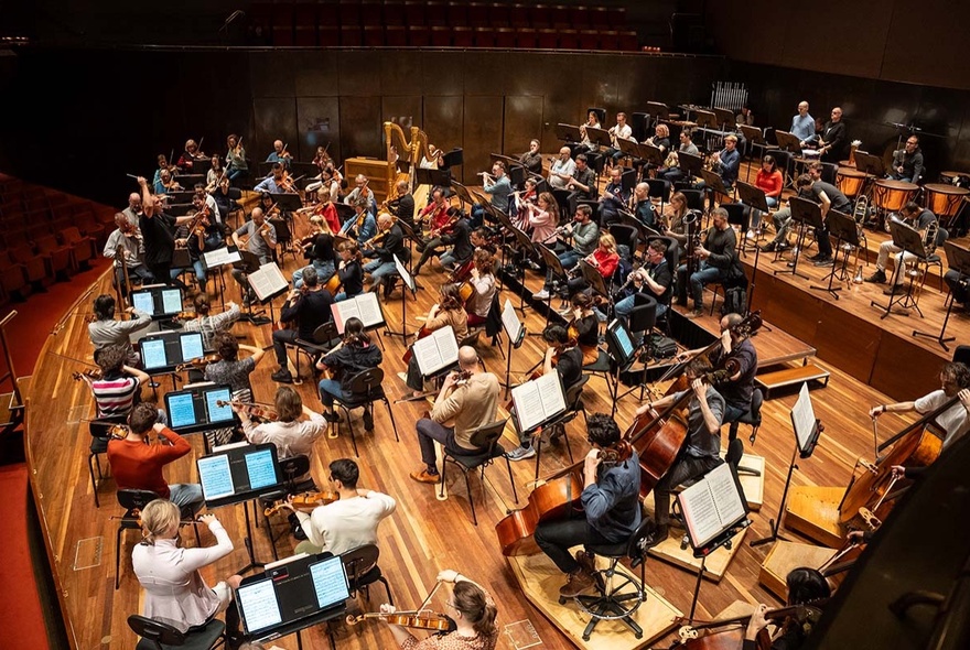Looking down through a distorted lens at an orchestra in plain clothers playing in an auditorium.