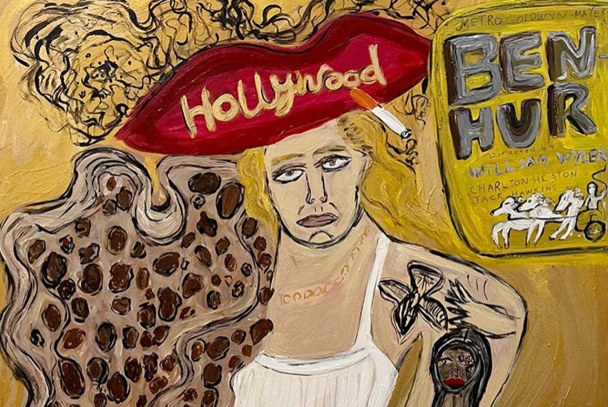 An abstract image of a person with a white tank top and wearing a red hat with Hollywood written on it beside a poster for the movie Ben Hur. 