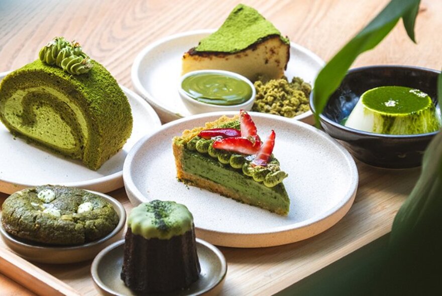 A selection of Japanese-inspired desserts on a table.