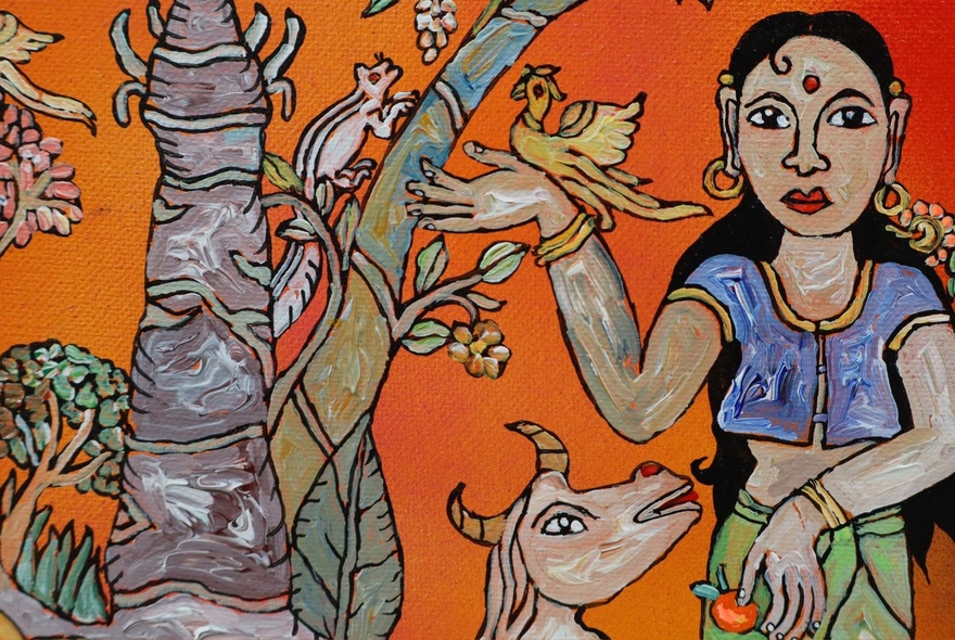 Indian pen artwork with animals and dancer with orange background.