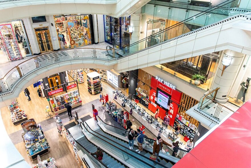 Looking down escalators to Dymocks basement bookshop.