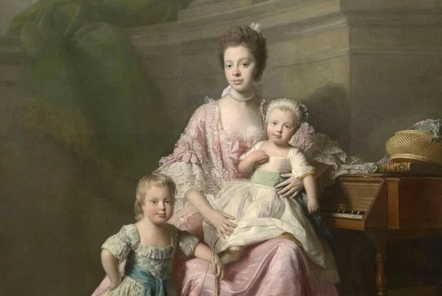 A hyper-realistic 18th century oil painting of an aristocratic young mother in a pink gown with her two young children.