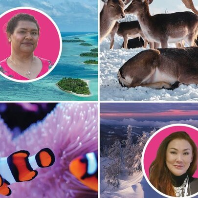 A collage image showing two First Nations women, their homelands and the native fauna found there.