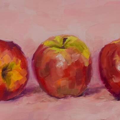 Impressionist still life painting of three red apples on a pink background. 