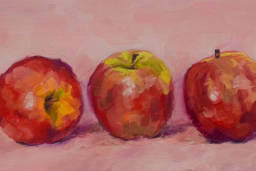 Impressionist still life painting of three red apples on a pink background. 