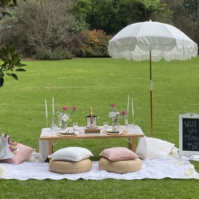 Picnic table set for dining with cushions, umbrella and dining settings, in a garden location.