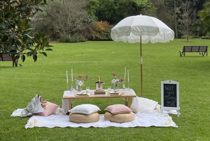 Picnic table set for dining with cushions, umbrella and dining settings, in a garden location.