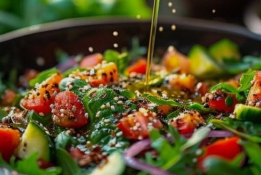 A close-up of a fresh salad with oil and sesame seeds being sprinkled over it. 