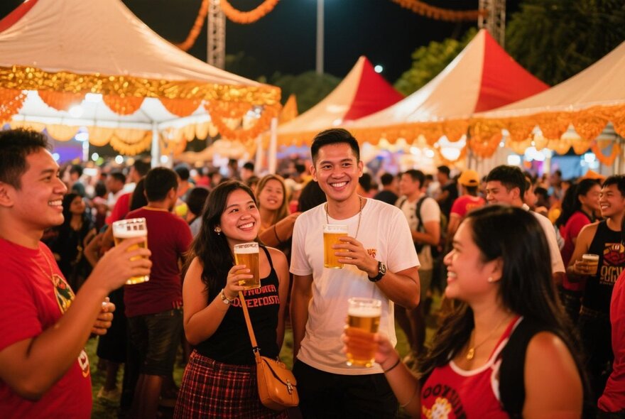 Four people happily enjoying a night out and drinking beer in a crowded outdoor area with marquees and tents. 