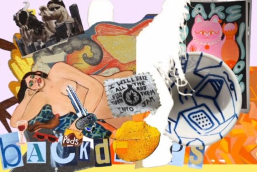 A collage of lettering, a nude woman, a lucky cat and other photos. 