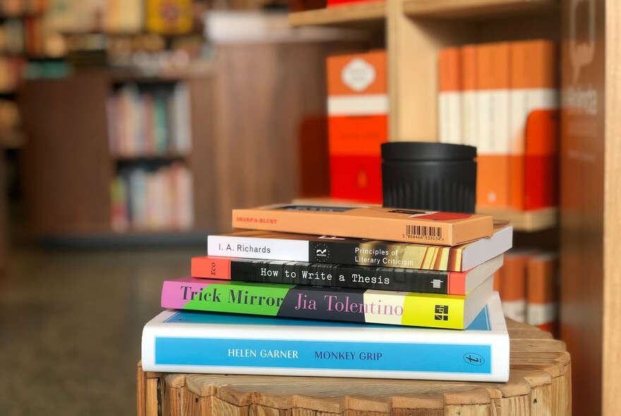 Books on display inside bookshop.