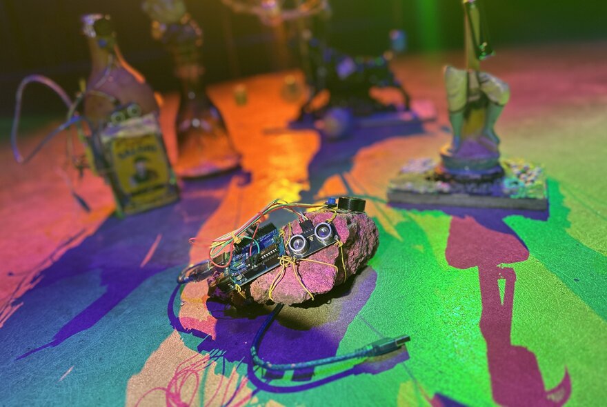 An artwork that features discarded electronic components resembling a robotic creature, part of an exhibition at Science Gallery.
