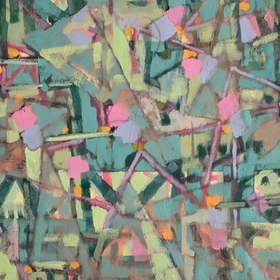 An abstract painting with patterns in shades of green with pops of pink. 