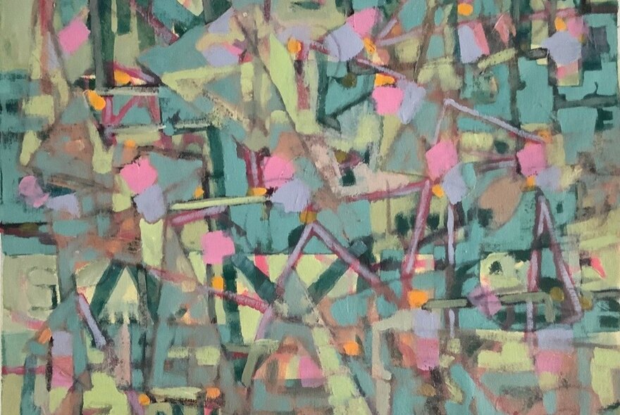 An abstract painting with patterns in shades of green with pops of pink. 
