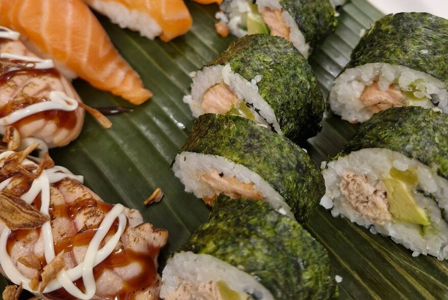 Japanese sushi rolls and nigiri cut into slices with tuna and salmon ingredients.