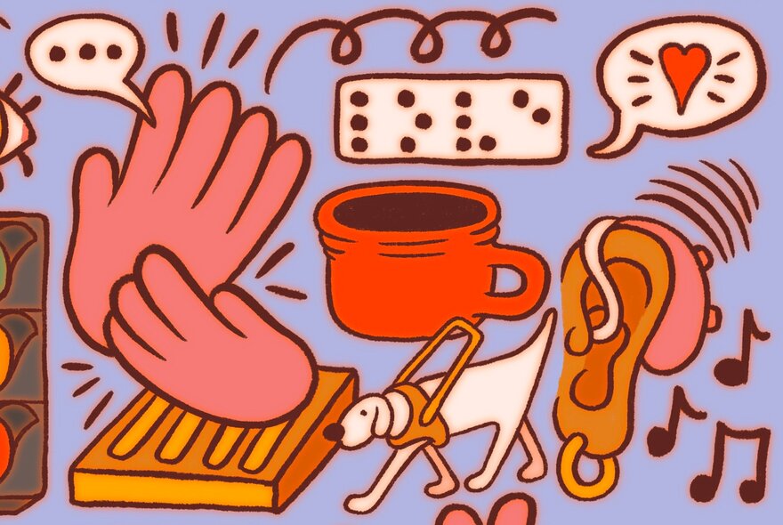 A brightly coloured drawing of different symbols associated with accessibility including a guide dog, a hearing aid, braille, Auslan signage.