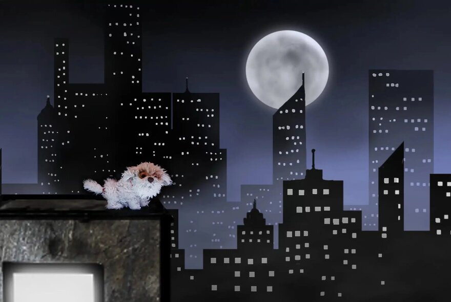 A fluffy dog on top of a building with a fake skyline in the background of skyscrapers and a large moon. 