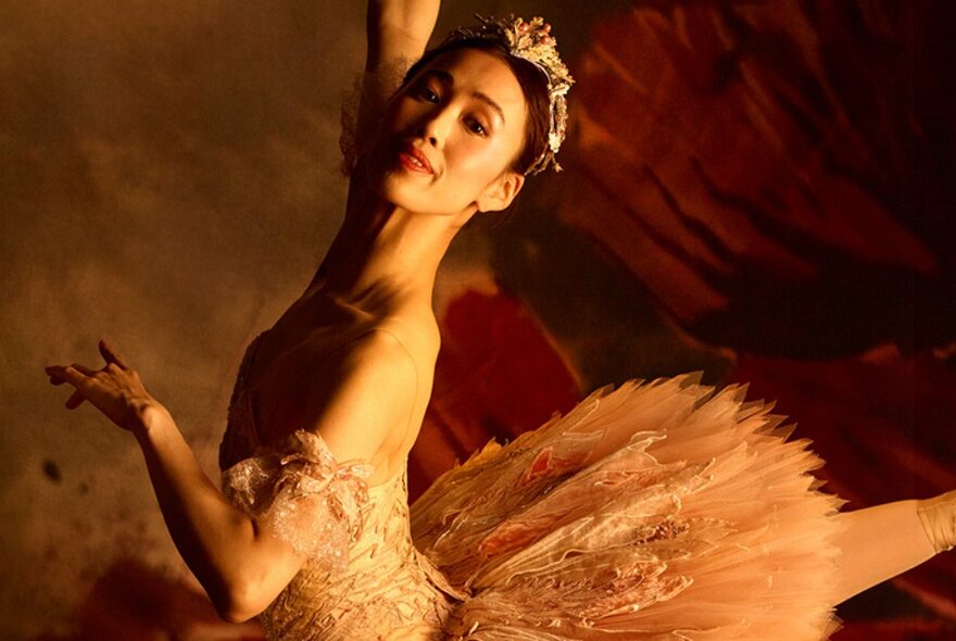 A ballet dancer in a pose with her rear leg outstretched, wearing a fluffy tutu and tiara.