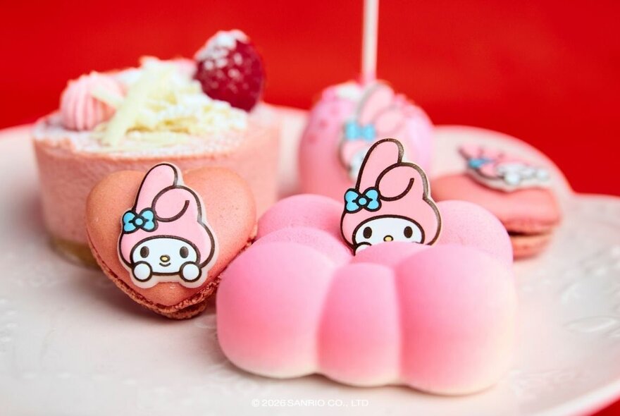Pink sweet food treats inspired by the Sanrio character My Melody, found at the Hello Kitty Cafe. 