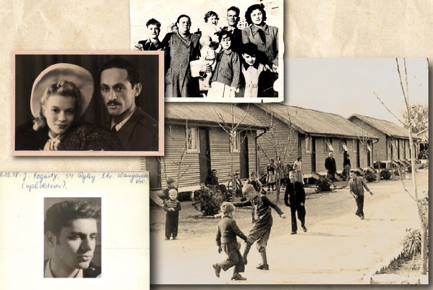 Four sepia toned images depicting migrant families in Australia.