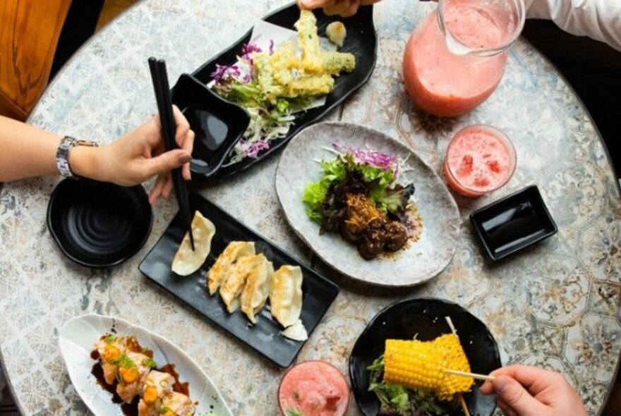 Plates of Japanese food, including gyoza dumplings.