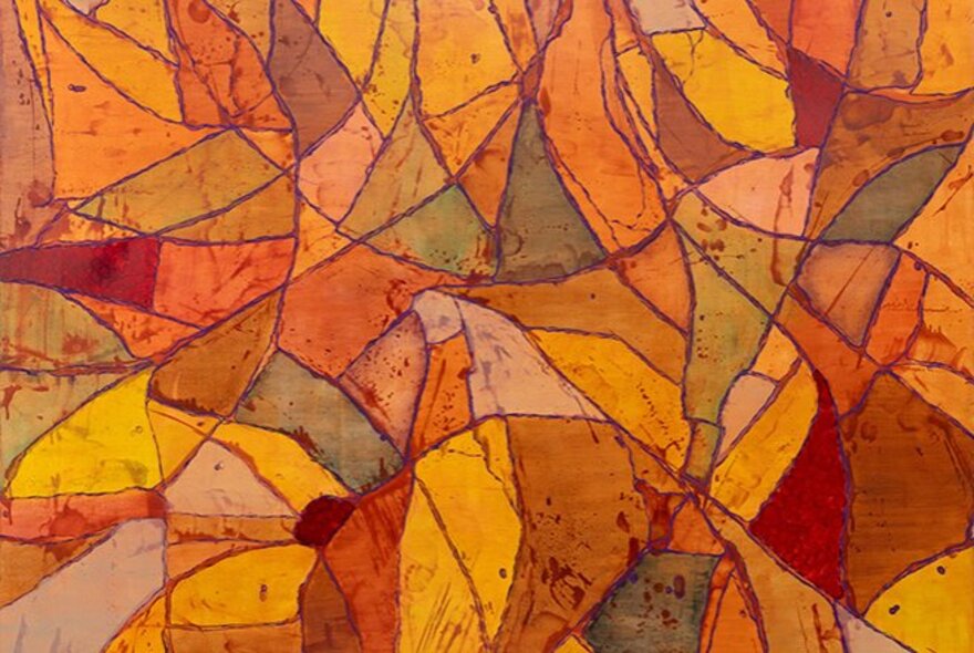 An abstract painting with a stained-glass like pattern, using warm colours such as orange, yellow, and red, with some patches of green and brown.