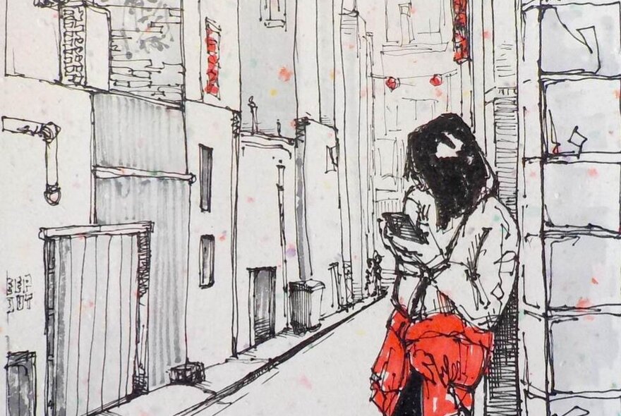 Drawing of a person standing on a laneway corner looking at their phone.