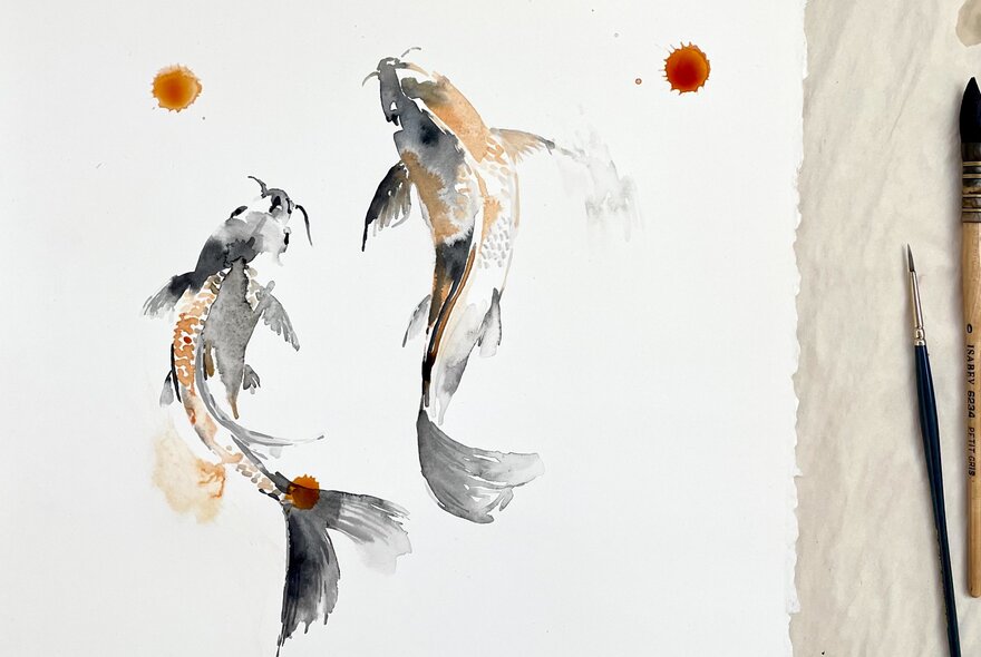 An ink drawing of koi fish on thick parchment paper.