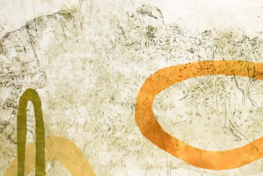 Abstract artwork with green and orange details.
