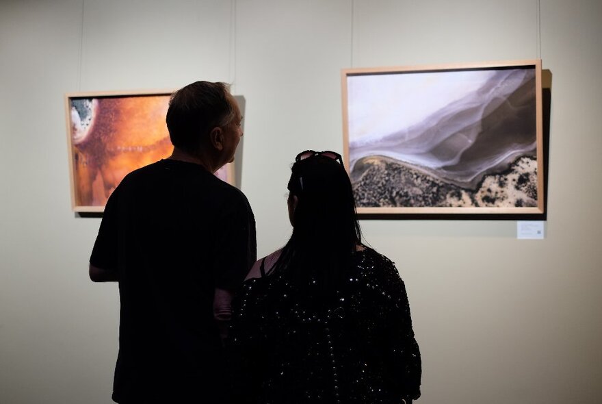 Silhouetted people looking at naturalistic artworks on a grey gallery wall.