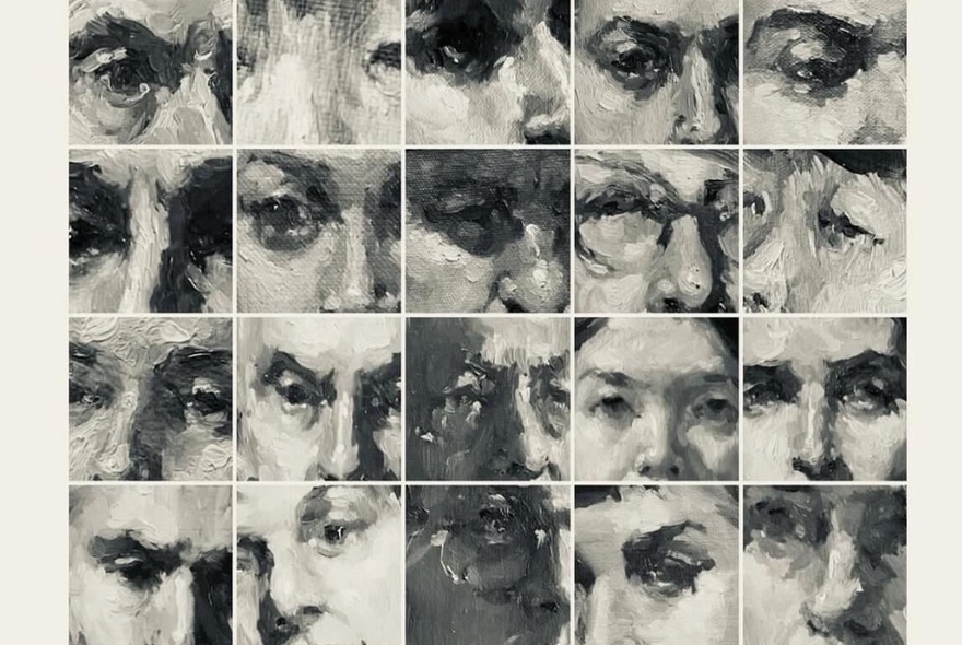 Oil painting depicting a large panel of faces, all showing eyes and parts of noses, painted in neutral black, grey and white tones with a broad brush stroke.