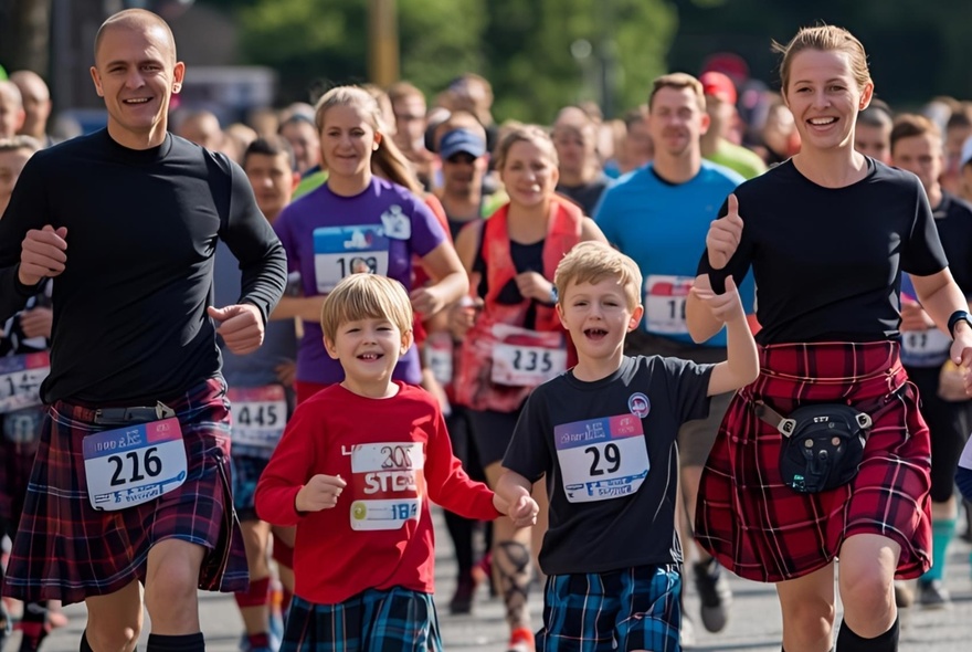 Adults and children wearing kilts and race bibs running in a fun run. 