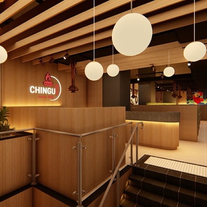 Restaurant interior with timber booth, wall and ceiling details, ball pendant lighting.