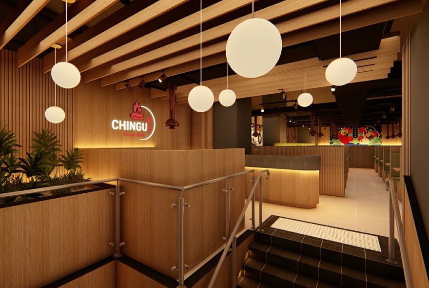 Restaurant interior with timber booth, wall and ceiling details, ball pendant lighting.