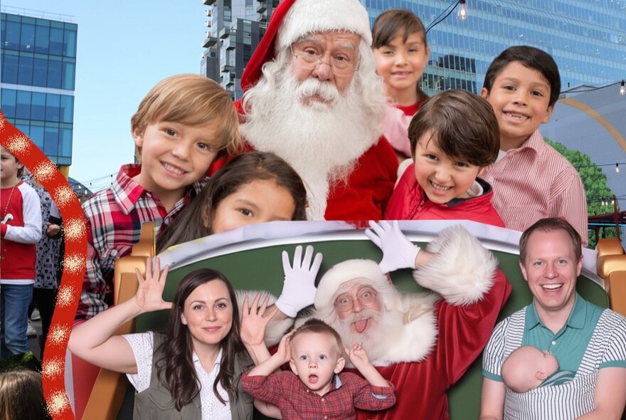 Cut-out images of children and families posing with Santa, with city buildings in the background.