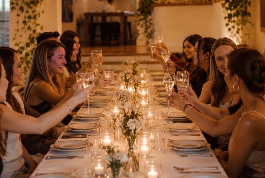 Diners seated at a long table set for a meal, raising glasses over long lines of candles.