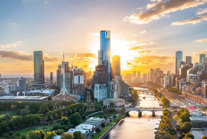 A view of the Melbourne skyline at sunset. 