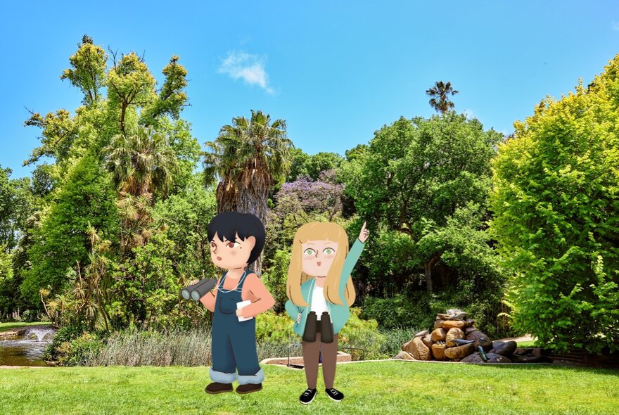 Fitzroy Gardens, with green lawn and a background of trees and a blue sky, with a cartoon drawing of a young girl and boy superimposed standing on the lawn.