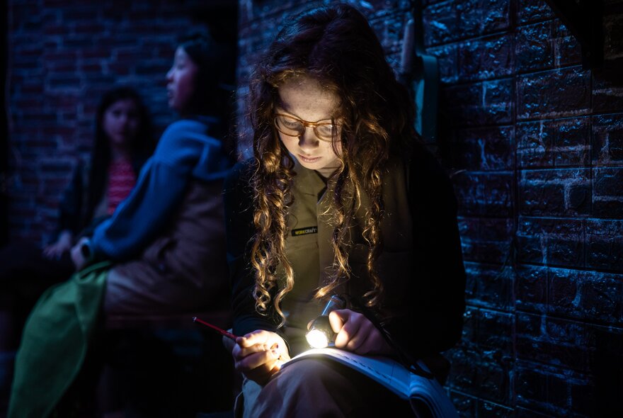 A young girl with long hair holding a light in her hands while resting a book on her lap. 