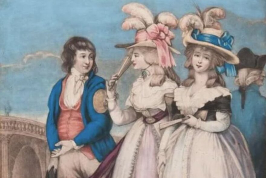 Regency illustration of two ladies with plumed hats and gowns with a gentleman in a blue coat.