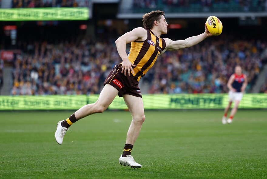 Hawthorn  AFL football players catching a ball on the field during a match.
