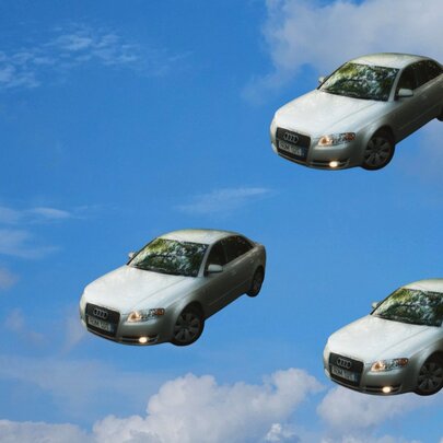 Artwork showing three identical cars floating against a blue sky with a woman's image repeated running down the right side border