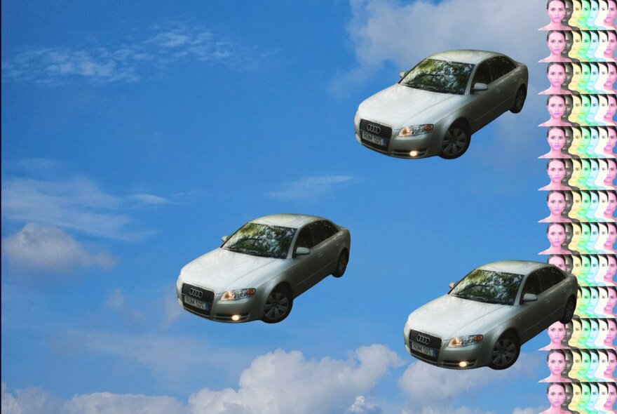 Artwork showing three identical cars floating against a blue sky with a woman's image repeated running down the right side border